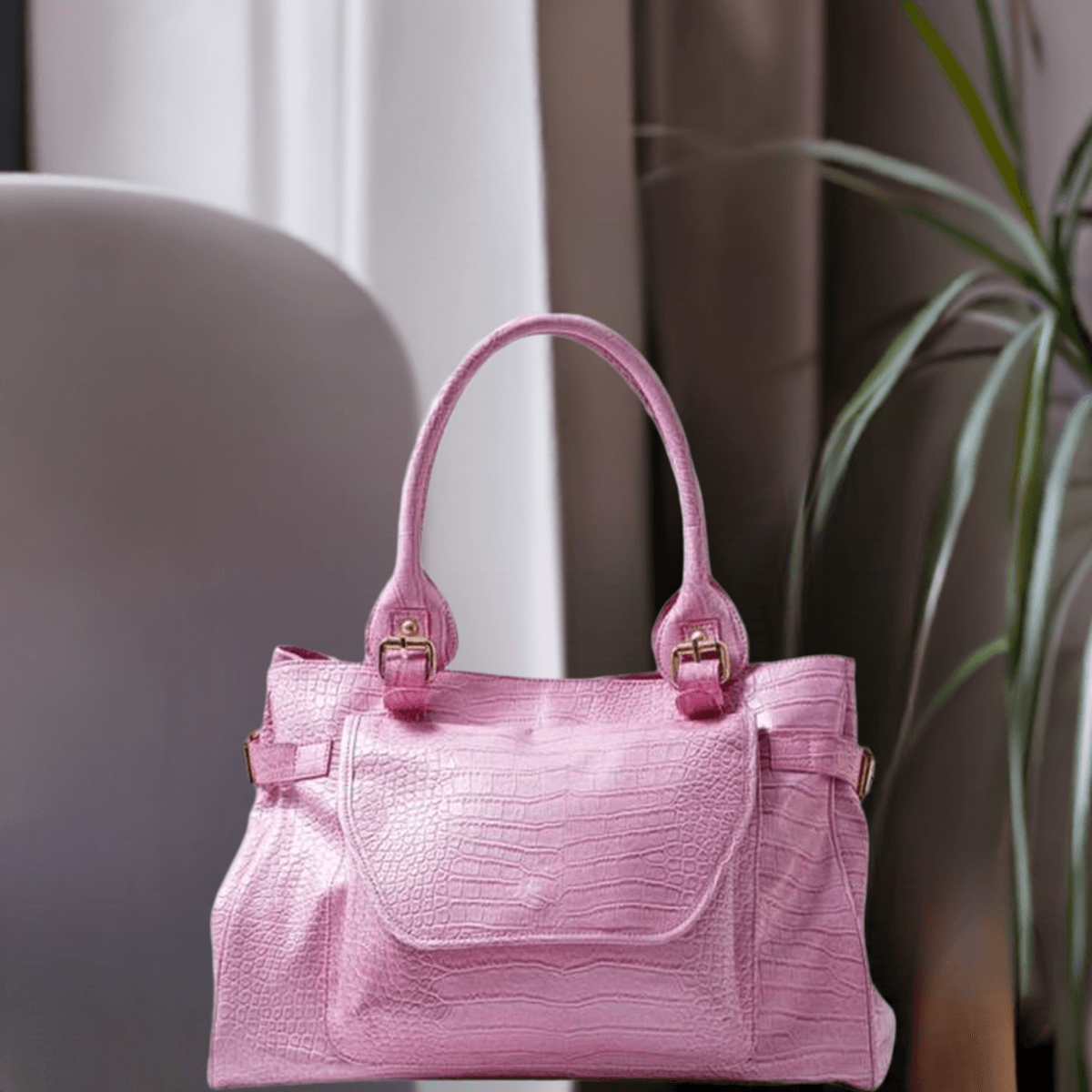 Stor veske i rosa i imitert croco skinn fra Lulu´s