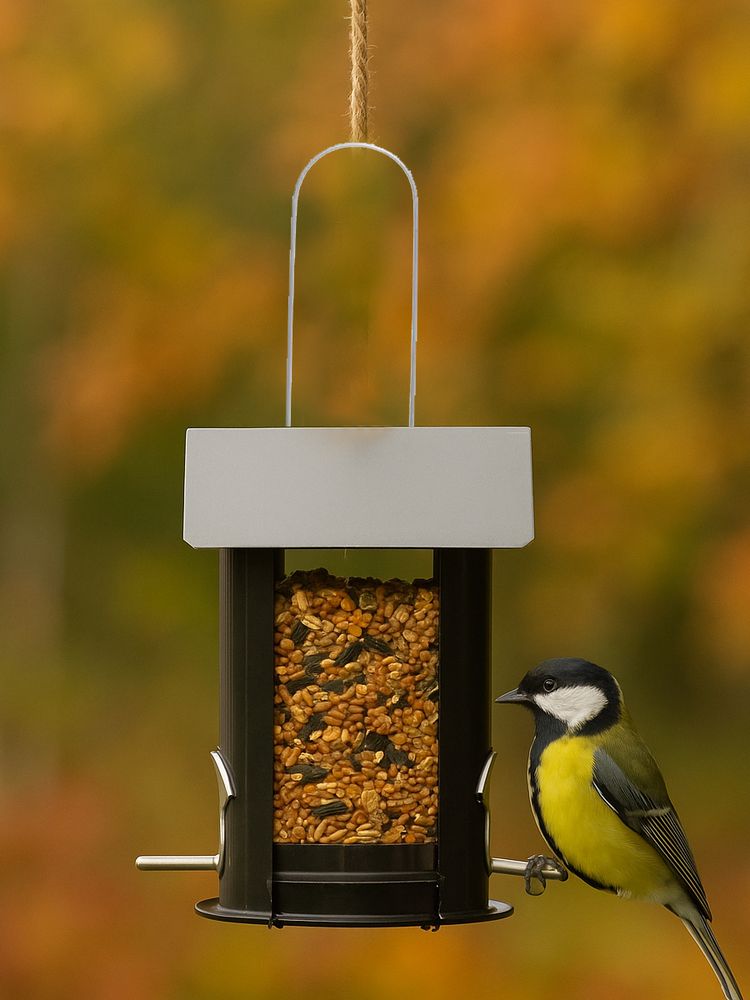 Fuglemater i stål - 26 cm høyde - i sort / grå