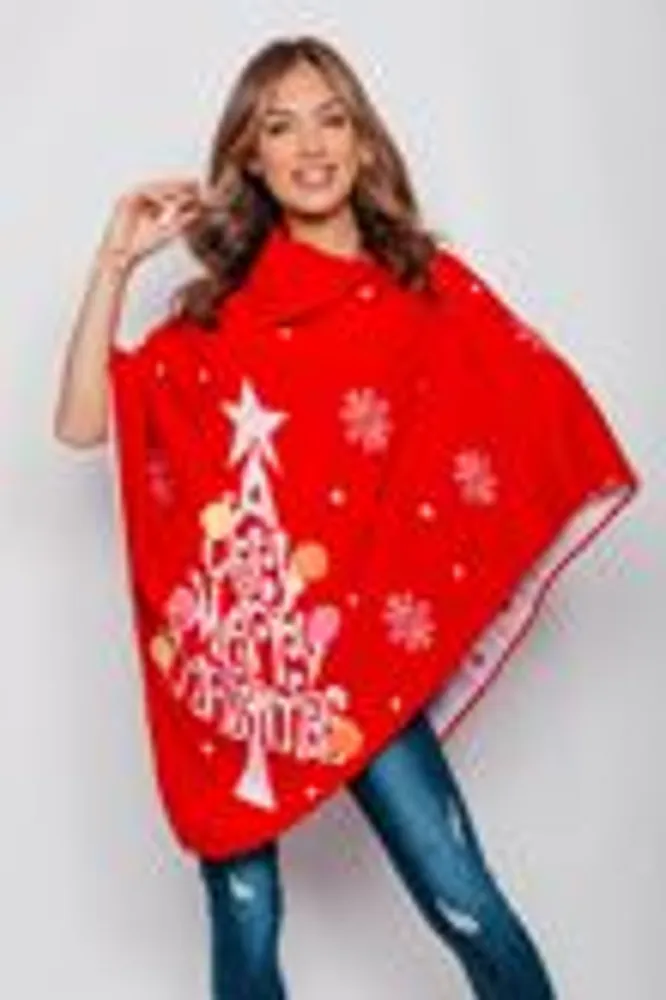 Juleponcho rød Merry Christmas - One size